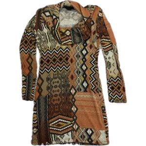 P. Luca Milan Brown Tribal Print Cowlneck Long Sleeve Bodycon Tunic Dress  Sz S